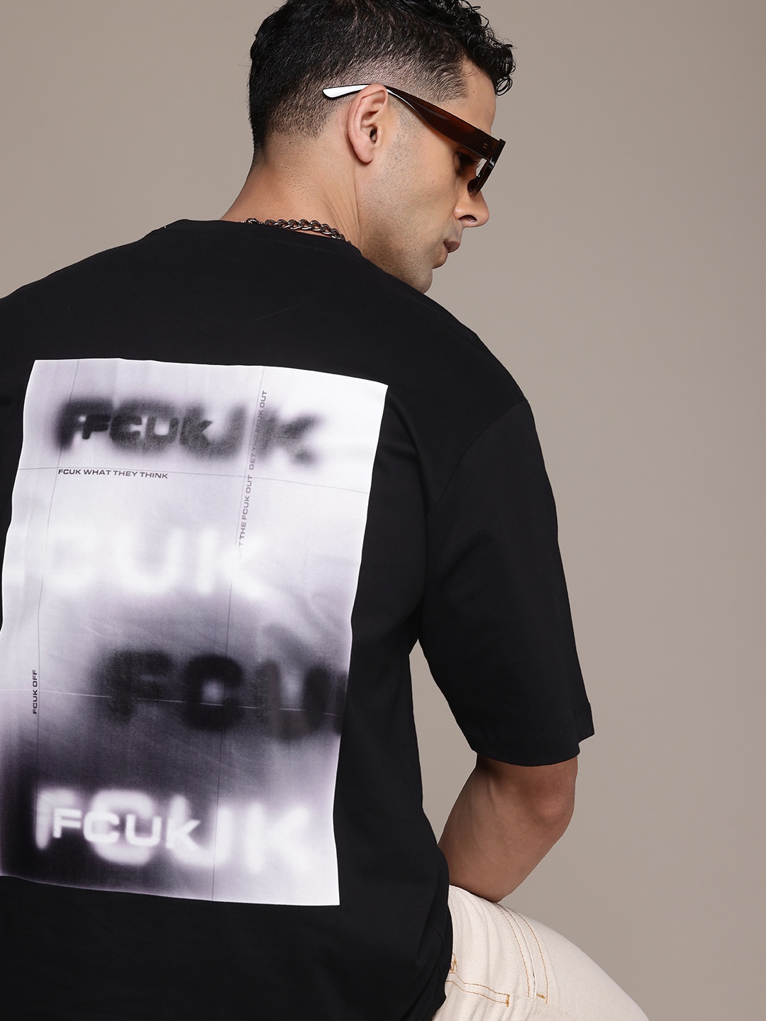 

FCUK Brand Logo Printed Drop-Shoulder Sleeves Relaxed Fit Pure Cotton T-shirt, Black