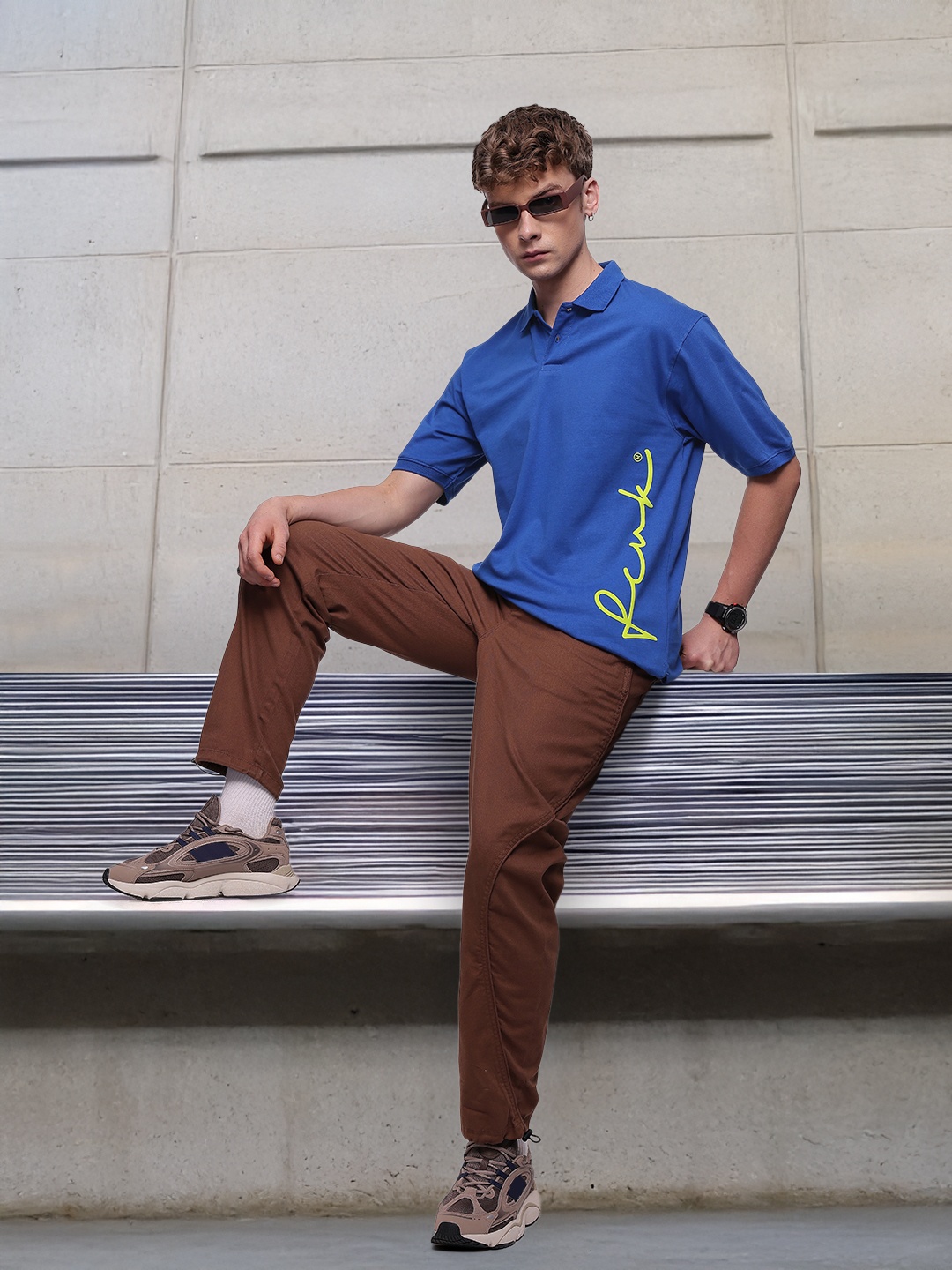 

FCUK Brand Logo Printed Drop-Shoulder Sleeves Pure Cotton T-shirt, Blue