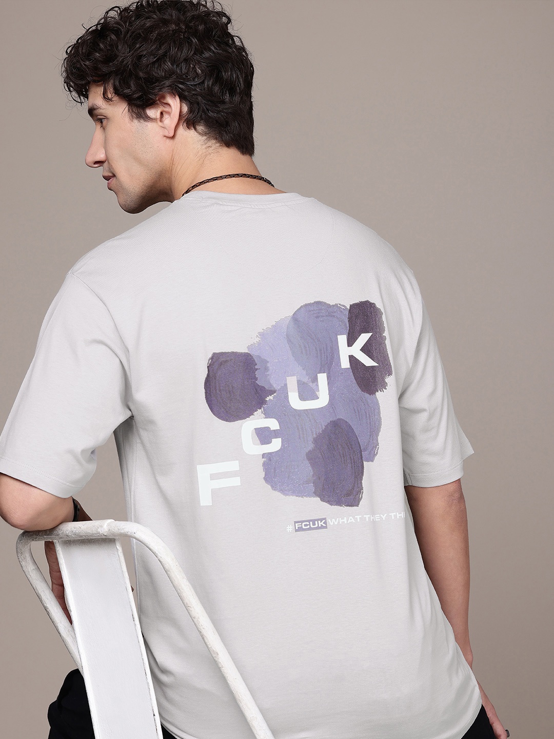 

FCUK Graphic Printed Drop-Shoulder Sleeves Relaxed Fit Pure Cotton T-shirt, Grey