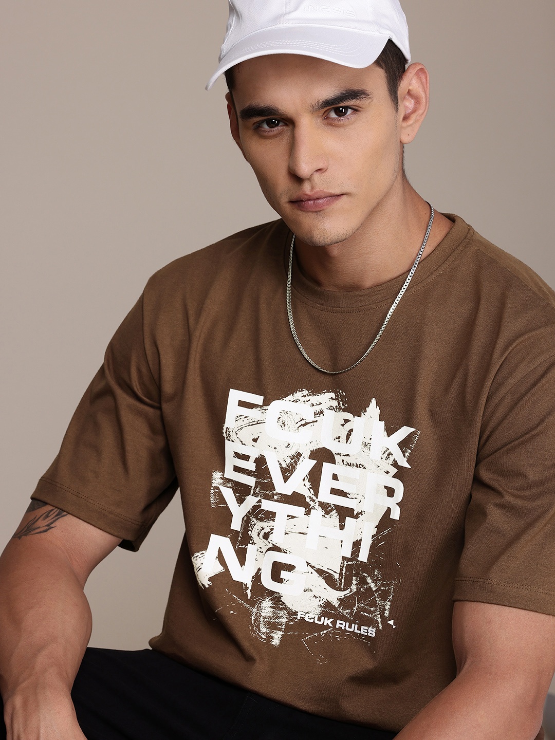 

FCUK Brand Logo Printed Drop-Shoulder Sleeves Relaxed Fit Pure Cotton T-shirt, Brown