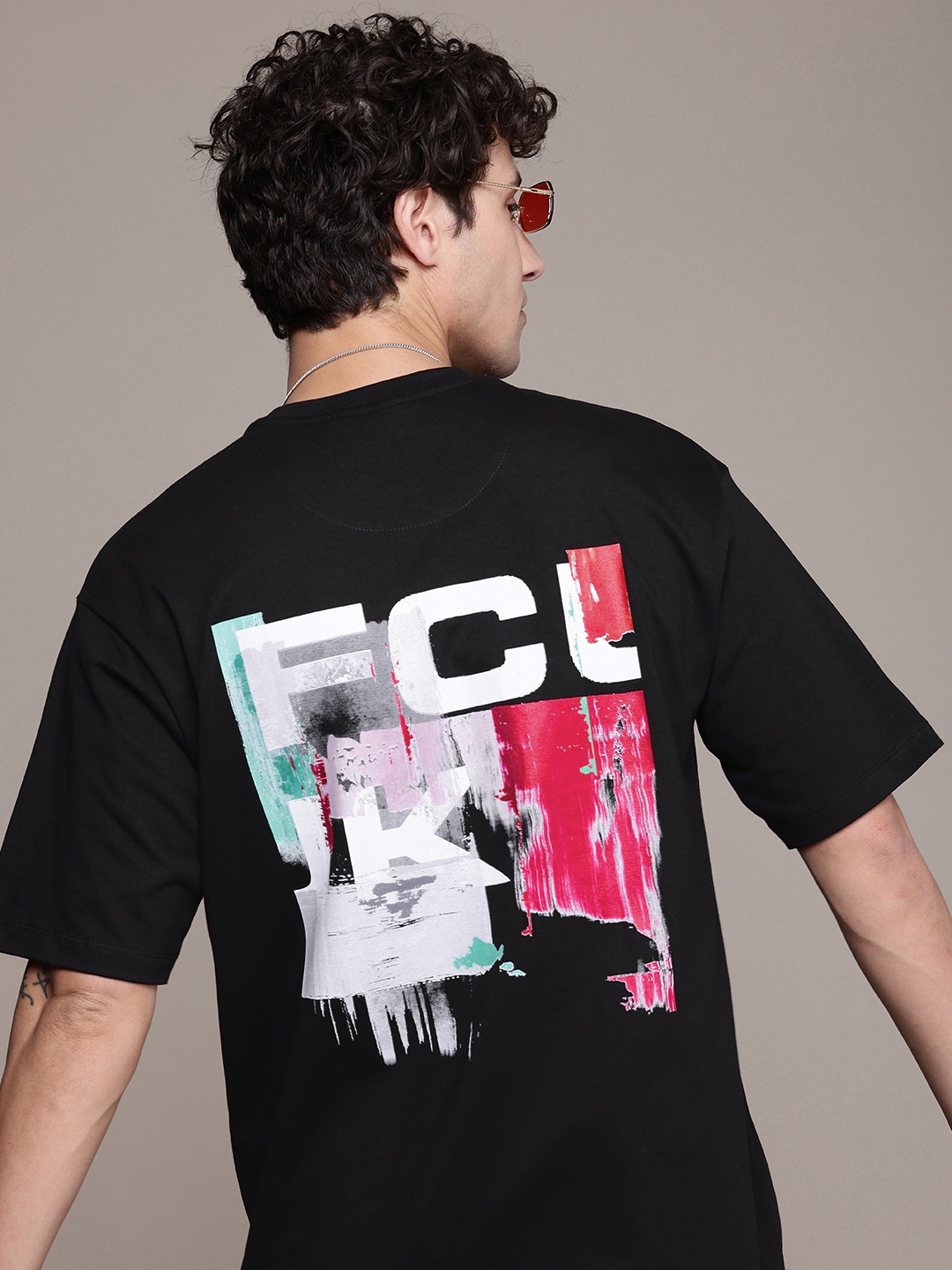 

FCUK Brand Logo Printed Drop-Shoulder Sleeves Relaxed Fit Pure Cotton T-shirt, Black