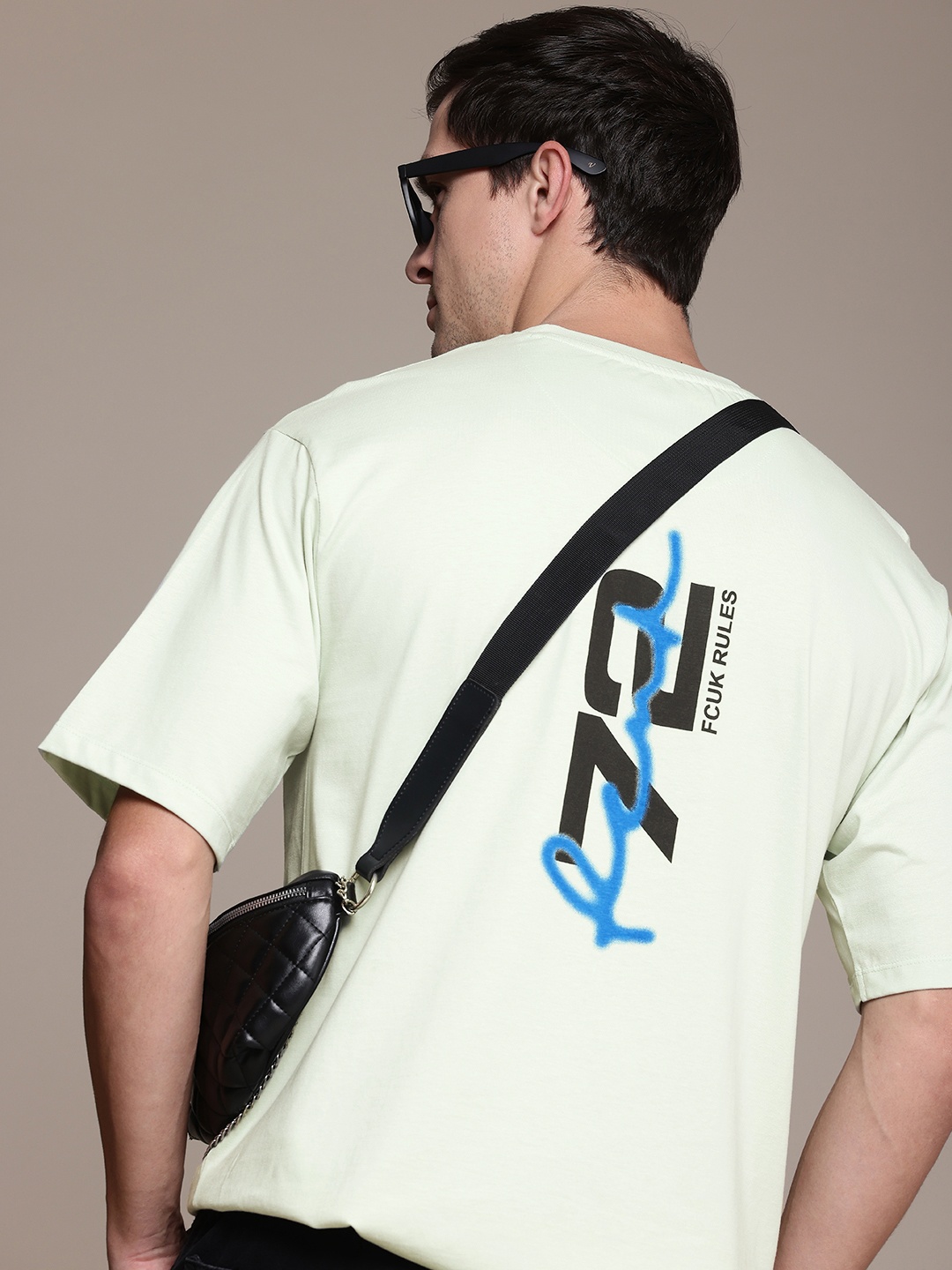 

FCUK Brand Logo Printed Drop-Shoulder Sleeves Relaxed Fit Pure Cotton T-shirt, Green