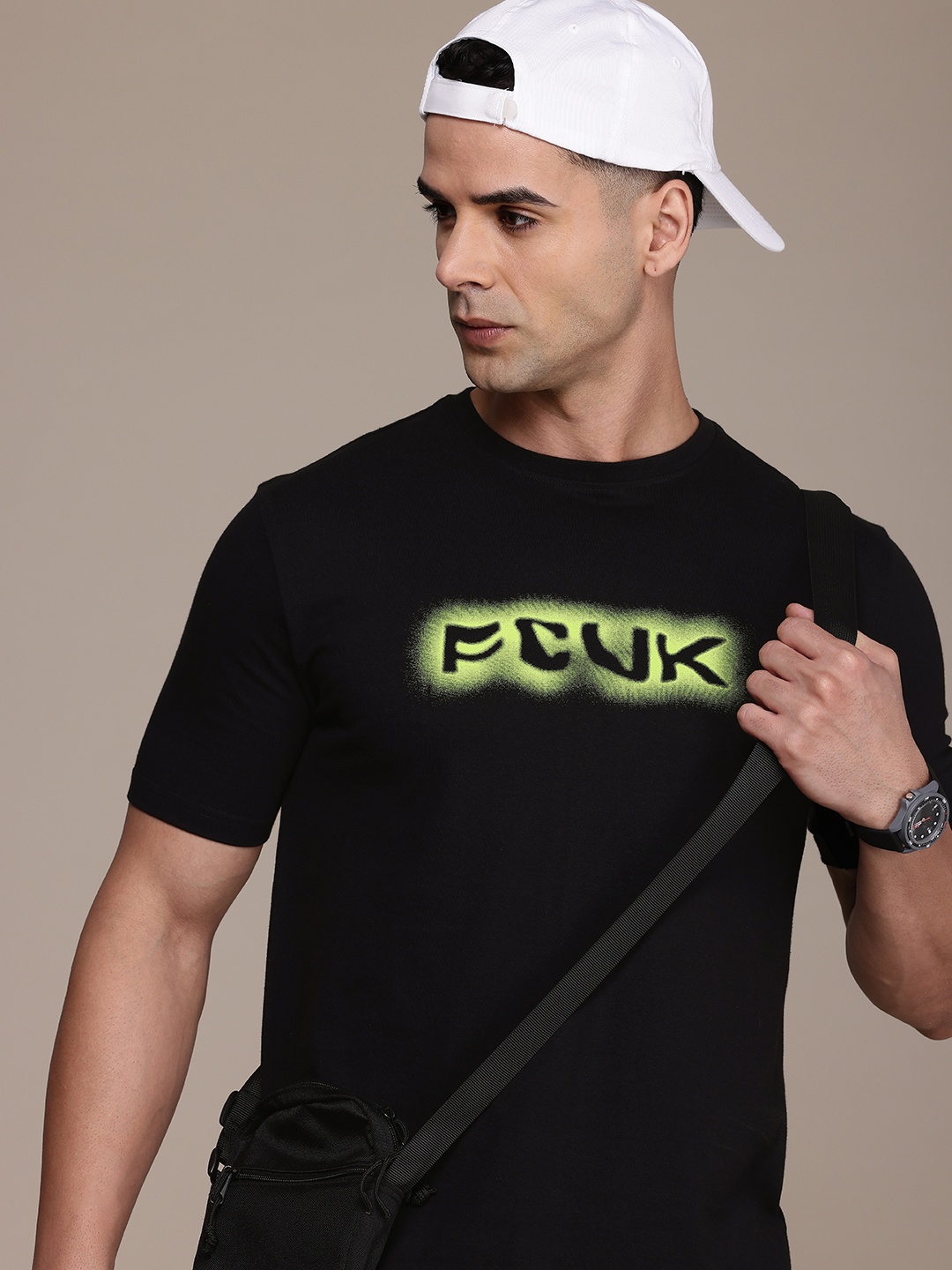 

FCUK Brand Logo Printed Pure Cotton T-shirt, Black