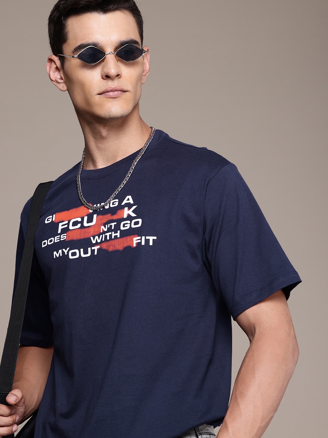 

FCUK Pure Cotton Typography Printed Relaxed Fit T-shirt, Navy blue