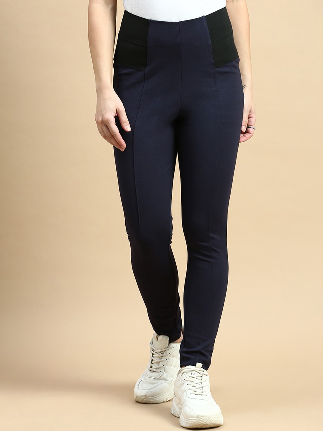 

De Moza Women Skinny Fit Jacquard Treggings, Navy blue