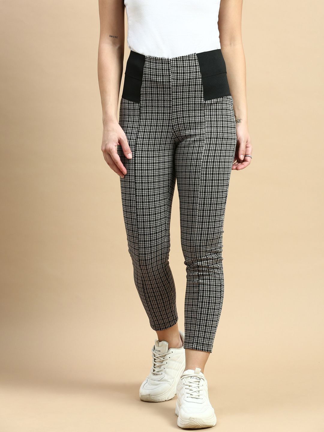 

De Moza Skinny Fit Checked Jacquard Treggings, Black
