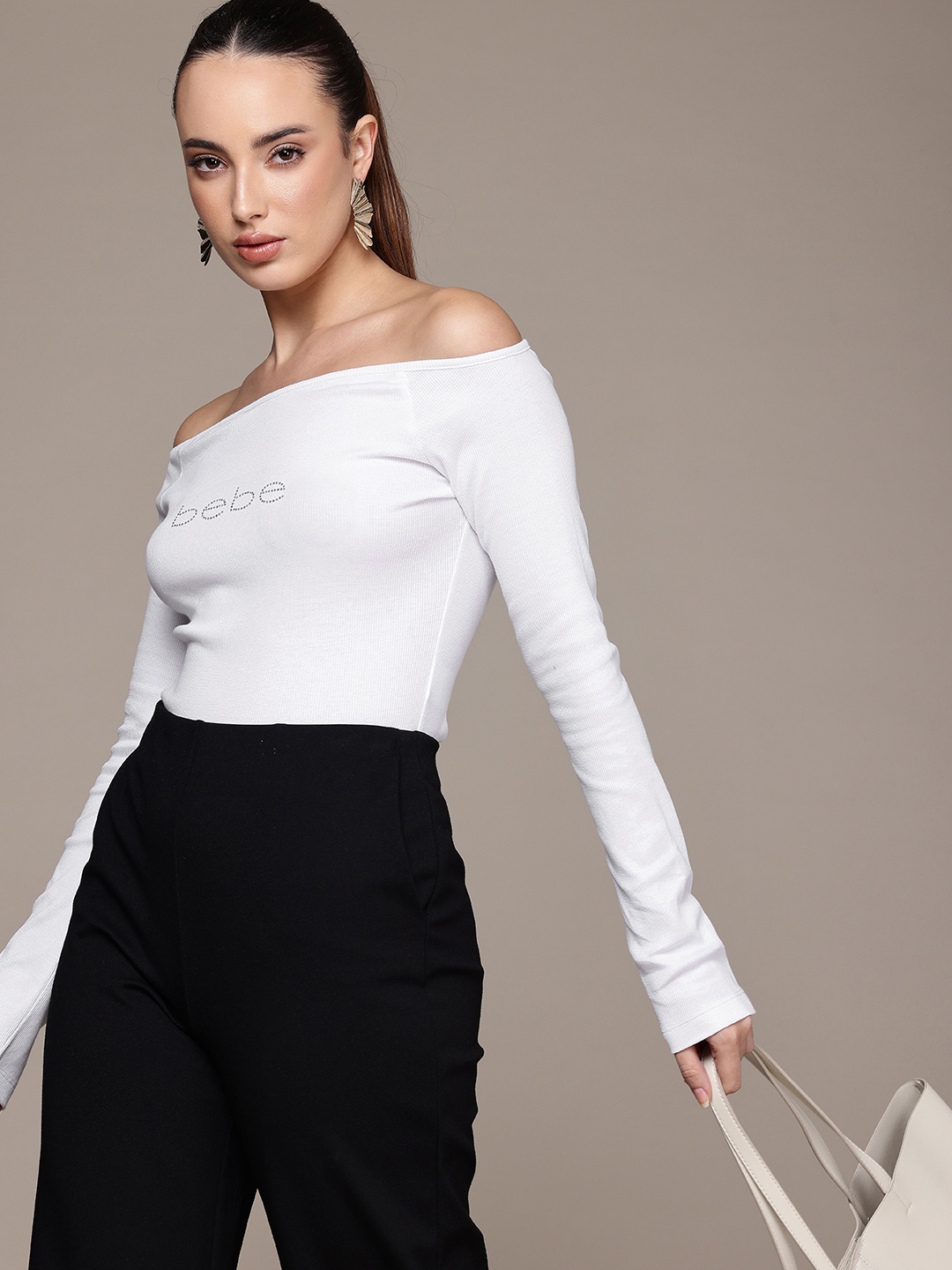 

bebe Brand Logo Studded Embellished Off-Shoulder Ribbed Fitted Top, White
