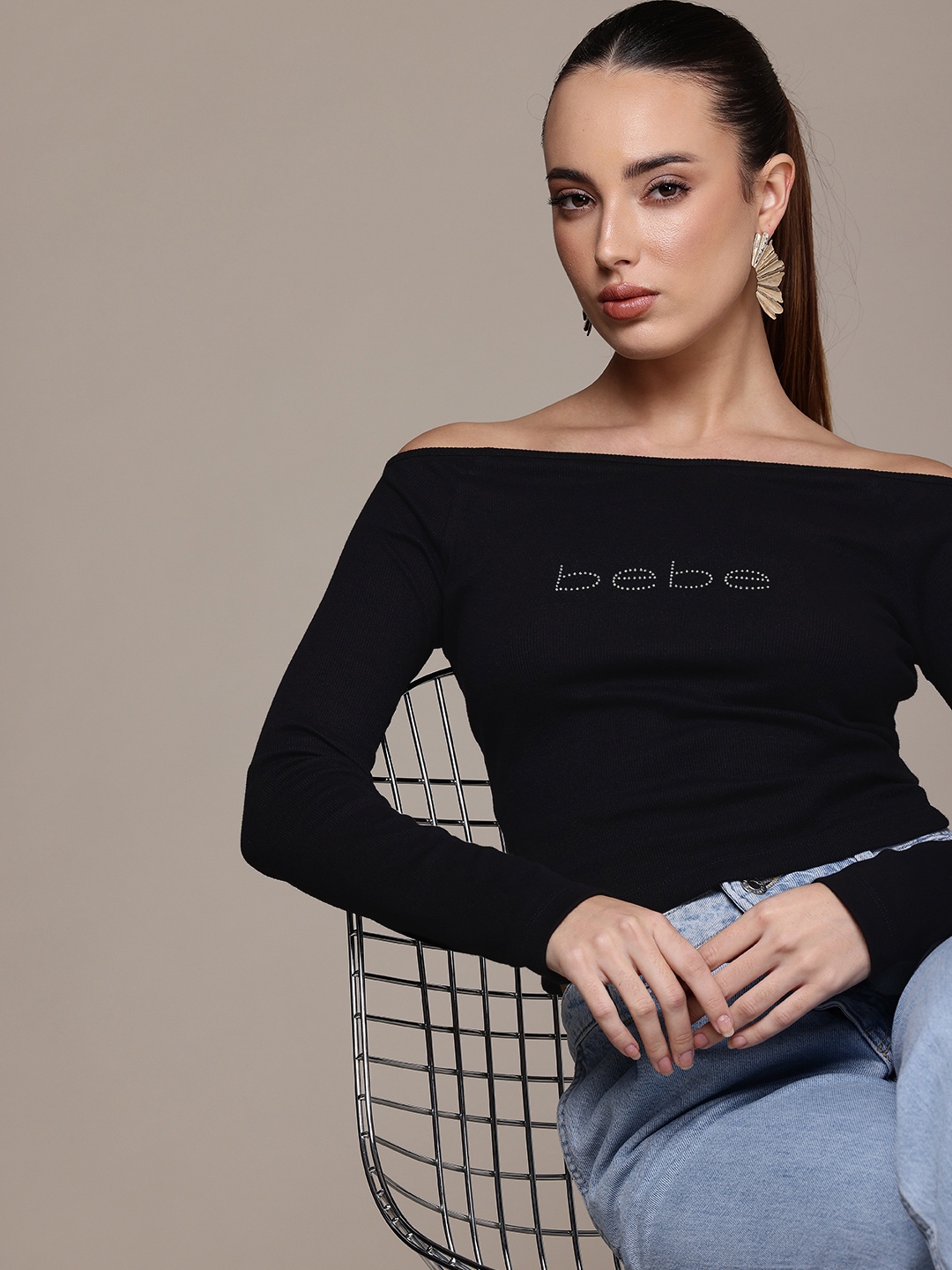 

bebe Brand Logo Studded Embellished Off-Shoulder Ribbed Fitted Top, Black