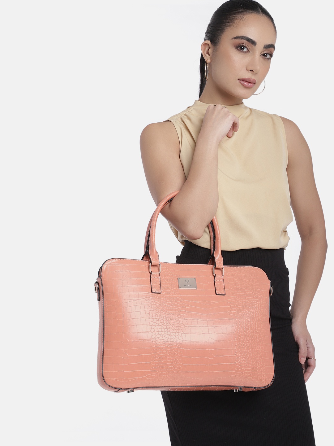 

Allen Solly Women Croc Textured Laptop Bag, Peach