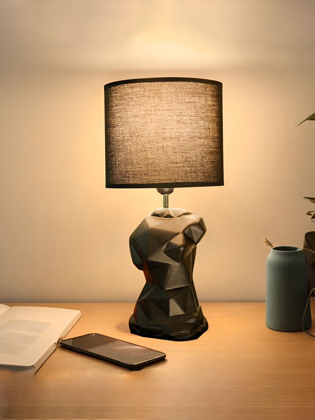 

Ekhasa Black Textured Ceramic Contemporary Cylindrical Shaped Table Lamp