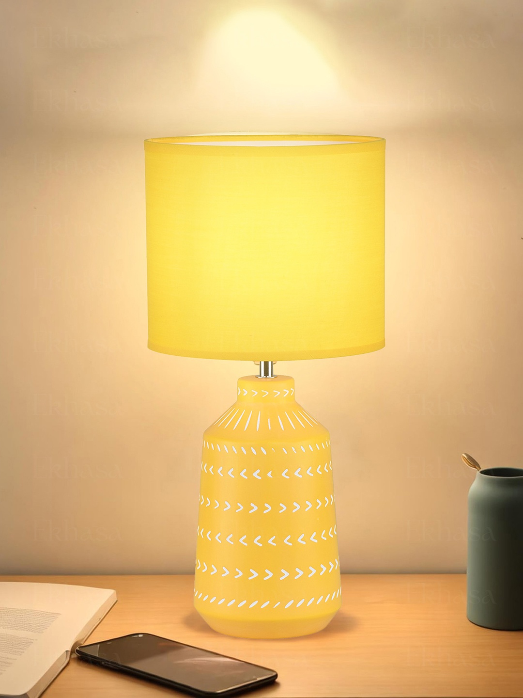 

Ekhasa Yellow Textured Ceramic Contemporary Cylindrical Shaped Table Lamp