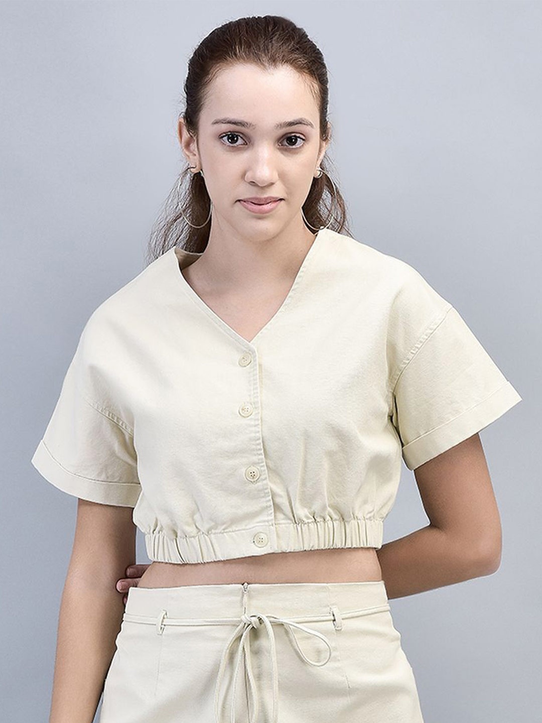 

Woods Solid V-Neck Pure Cotton Crop Top, Off white