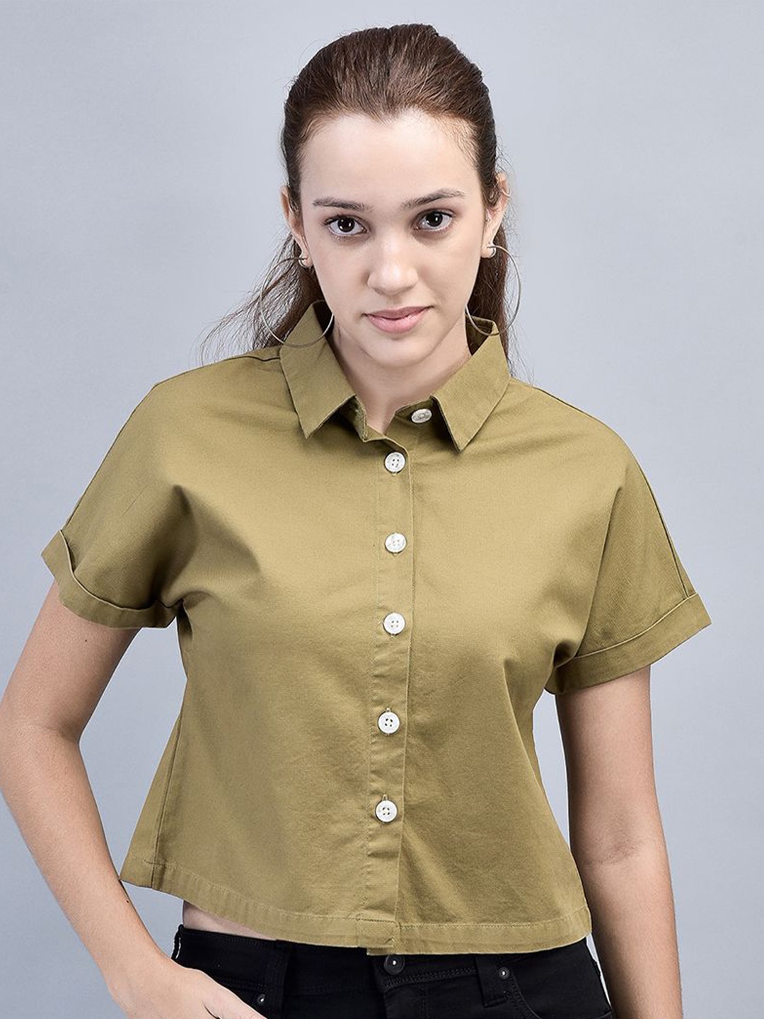 

Woodland Solid Accordion Pleats Pure Cotton Shirt Style Top, Khaki