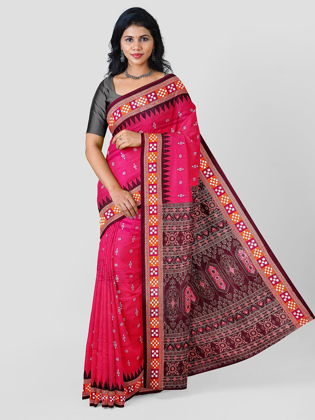 

pasapalli Ethnic Motifs Pure Cotton Sambalpuri Saree, Pink