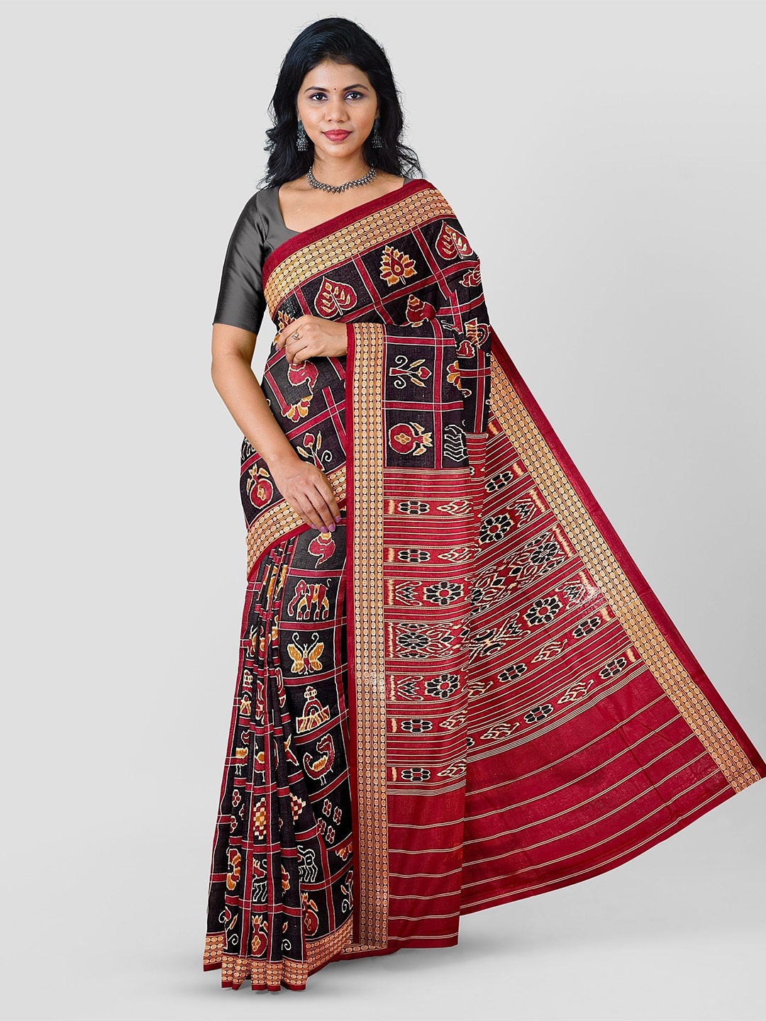 

pasapalli Ethnic Motifs Pure Cotton Sambalpuri Saree, Black