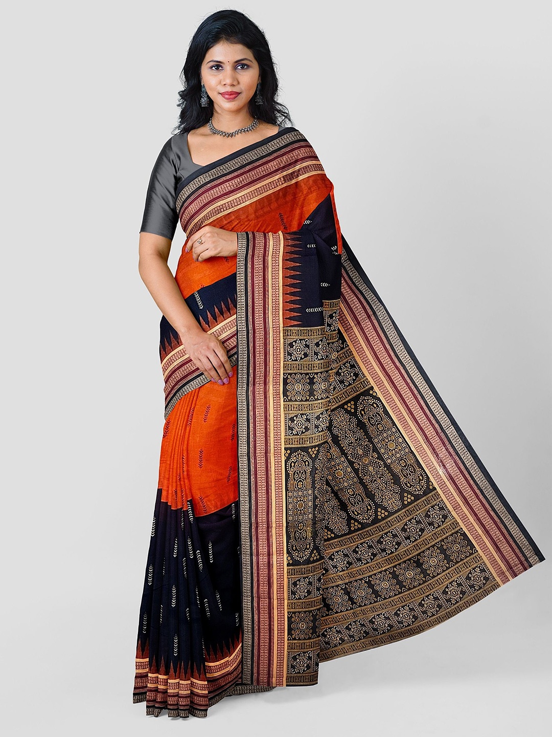 

pasapalli Ethnic Motifs Pure Cotton Sambalpuri Saree, Orange