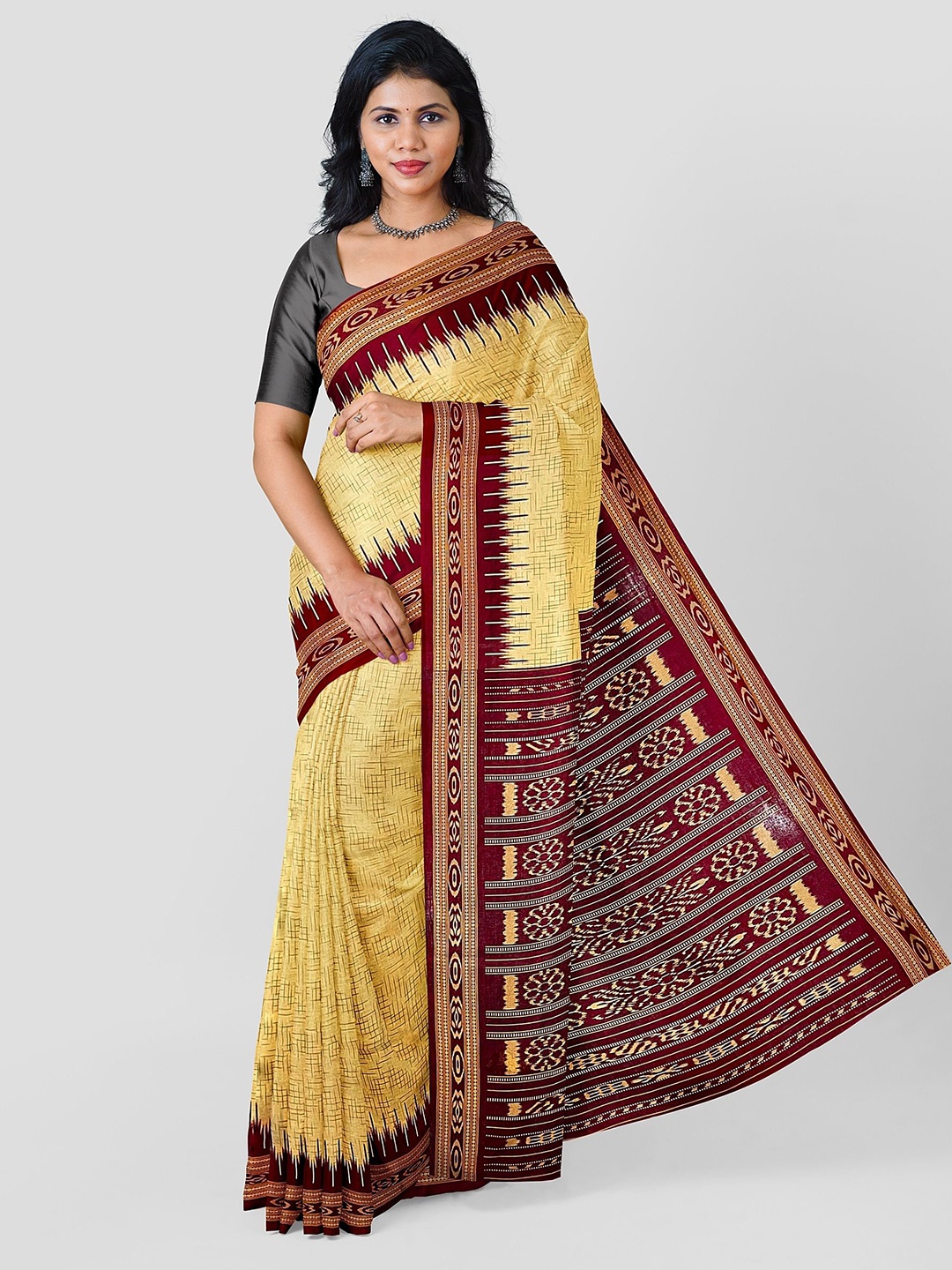 

pasapalli Ethnic Motifs Pure Cotton Sambalpuri Saree, Cream