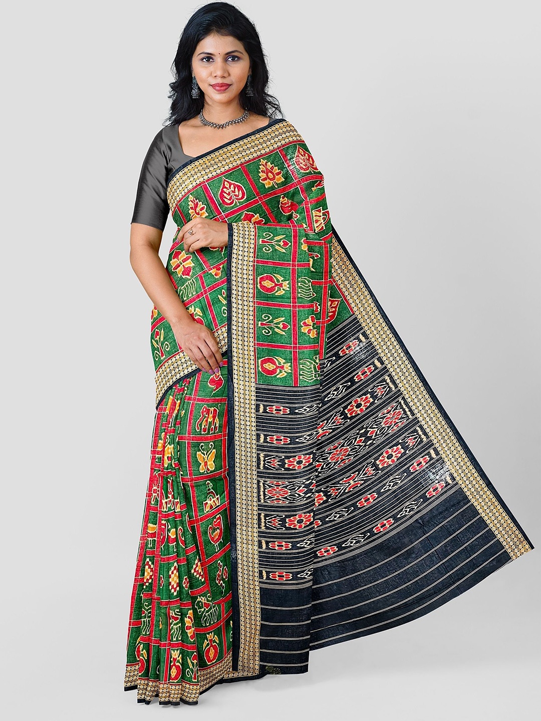 

pasapalli Ethnic Motifs Pure Cotton Sambalpuri Saree, Green