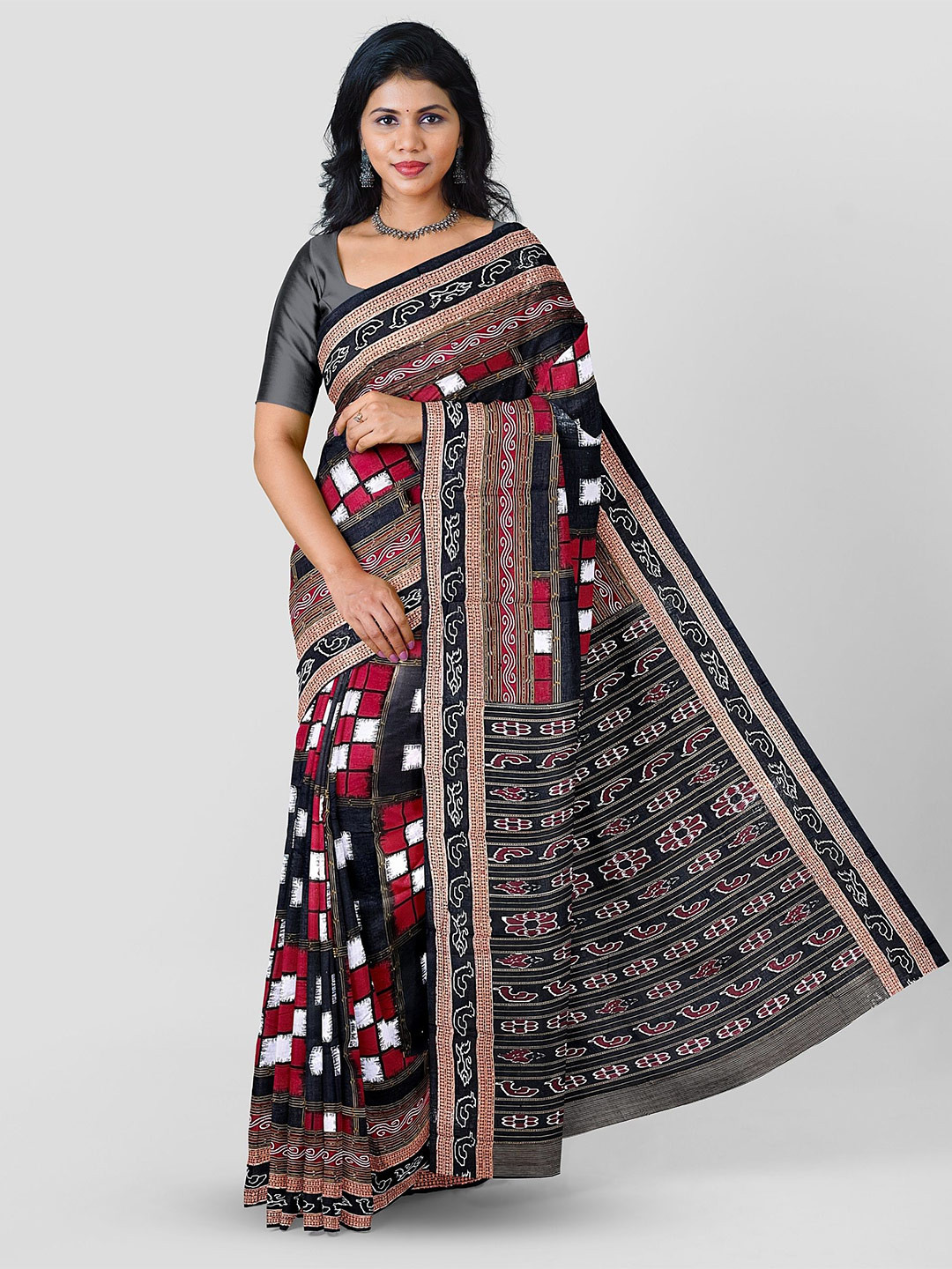 

pasapalli Ethnic Motifs Pure Cotton Sambalpuri Saree, Black