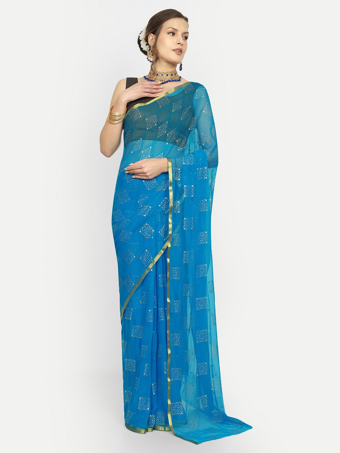 

Rhey Ethnic Motifs Embellished Zari Saree, Turquoise blue