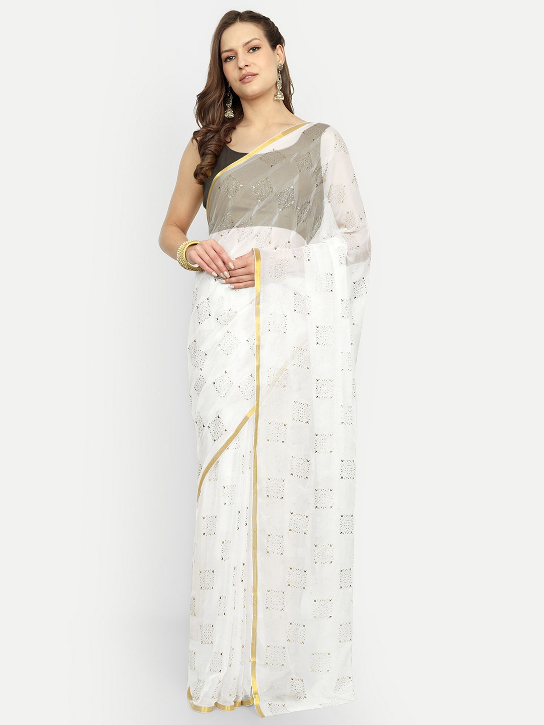 

Rhey Ethnic Motifs Zari Saree With Blouse Piece, White