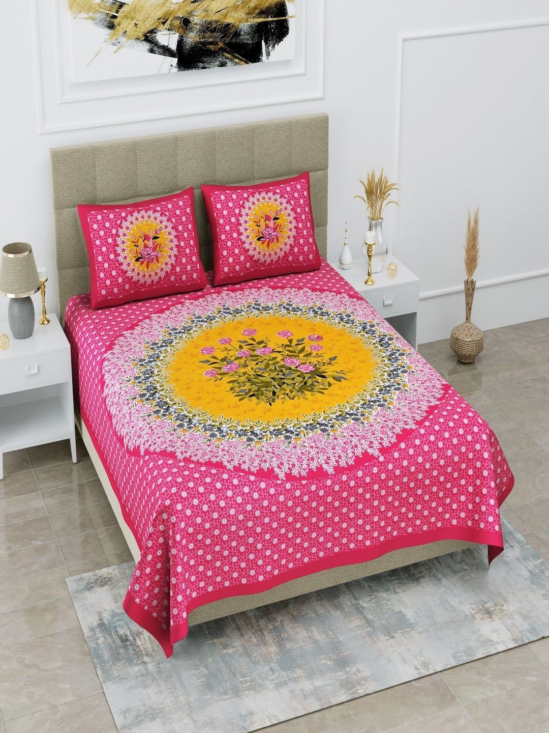 

HOMELINE Pink & Yellow Floral 144 TC Queen Bedsheet with 2 Pillow Covers