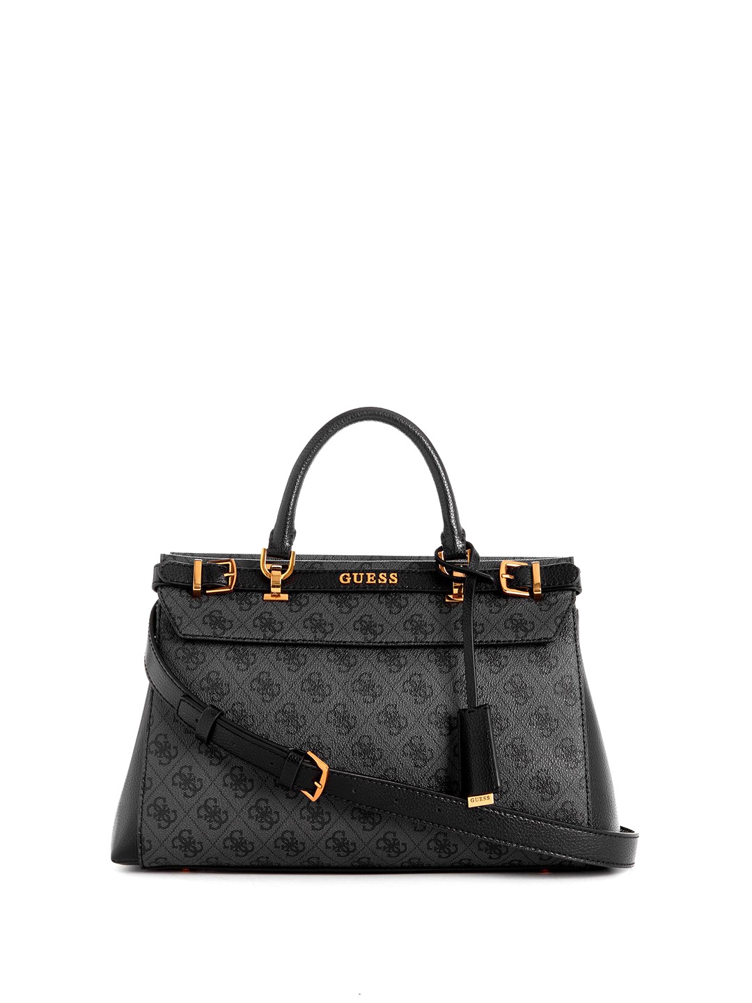

GUESS Typography Printed PU Structured Handheld Bag with Cut Work, Grey