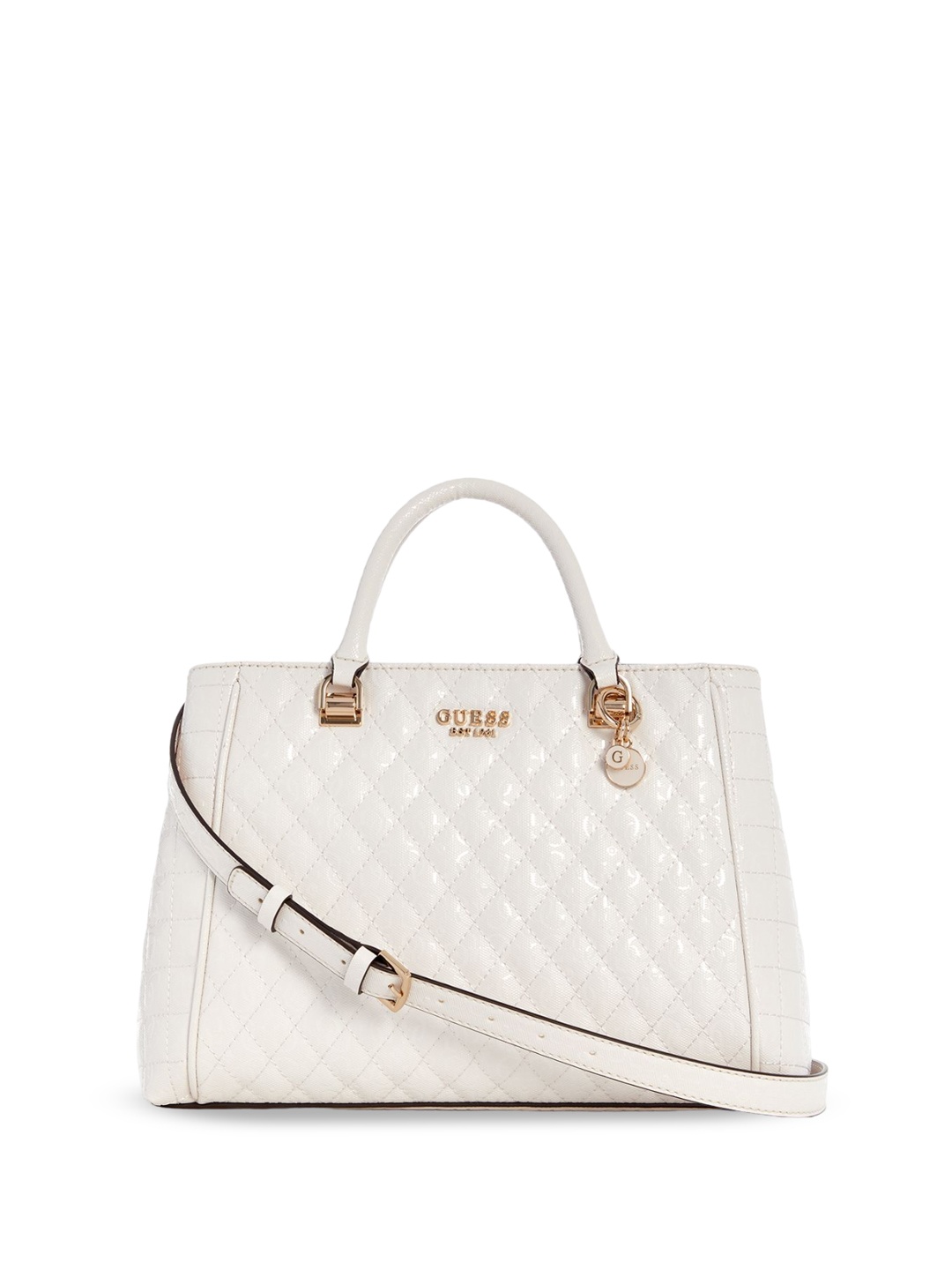 

GUESS Ethnic Motifs PU Bucket Sling Bag with Tasselled, White
