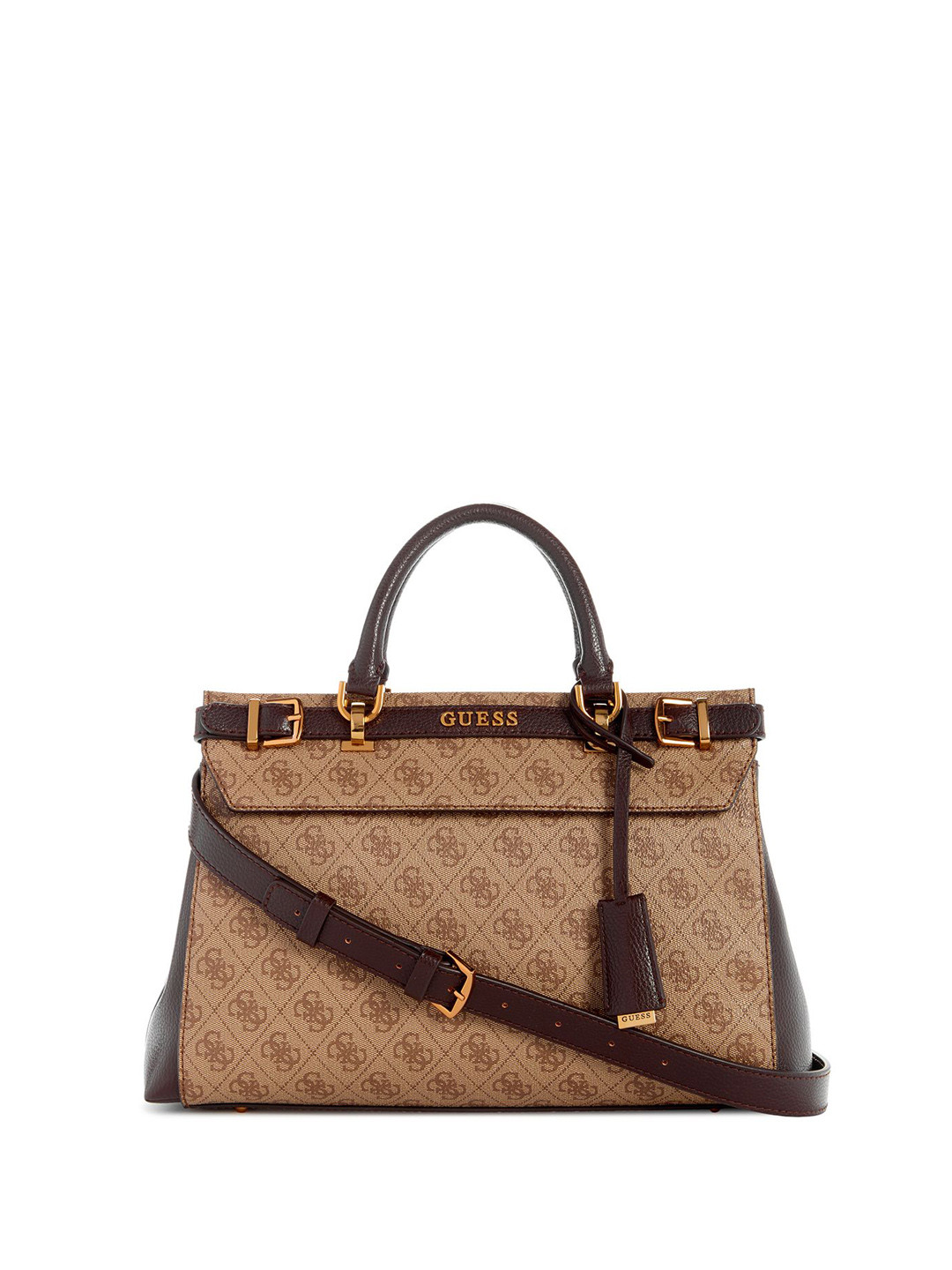 

GUESS Typography Printed PU Structured Handheld Bag with Tasselled, Brown