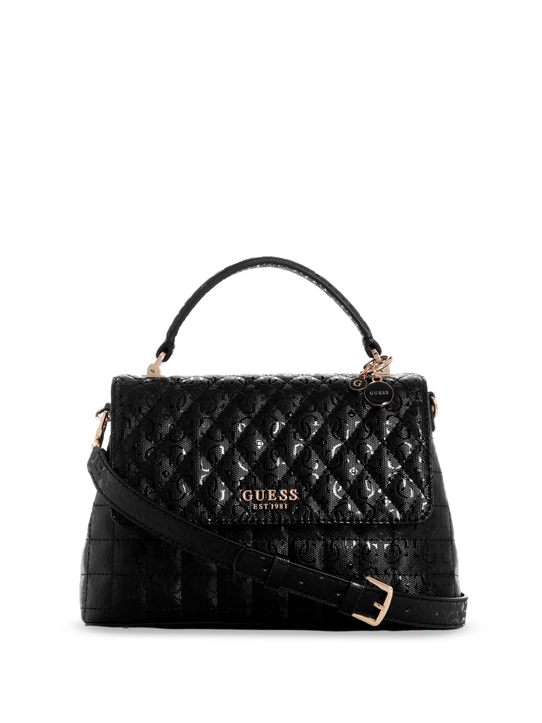 

GUESS Embellished PU Structured Satchel with Quilted, Black