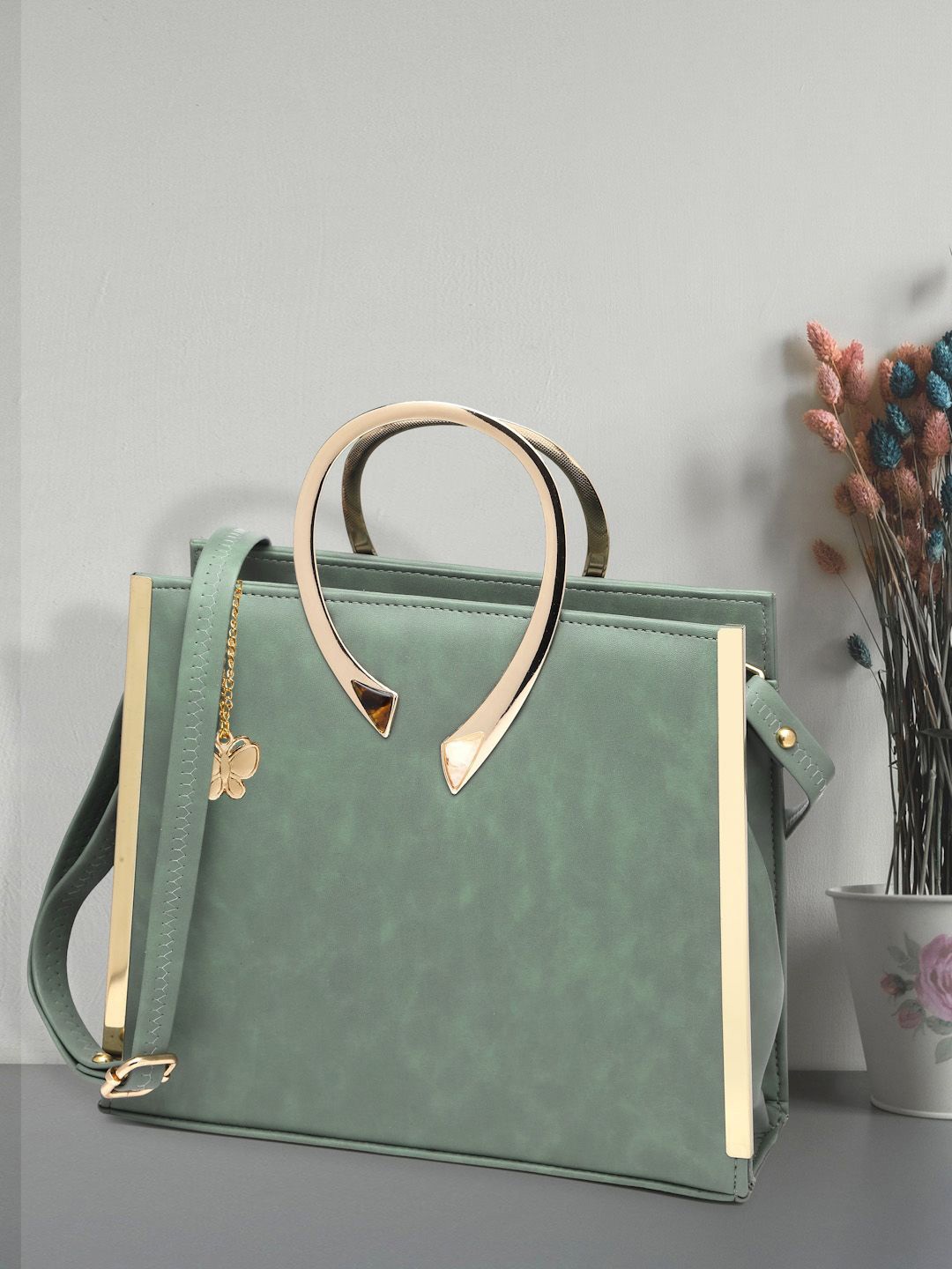 

Butterflies PU Shopper Handheld Bag with Tasselled, Sea green