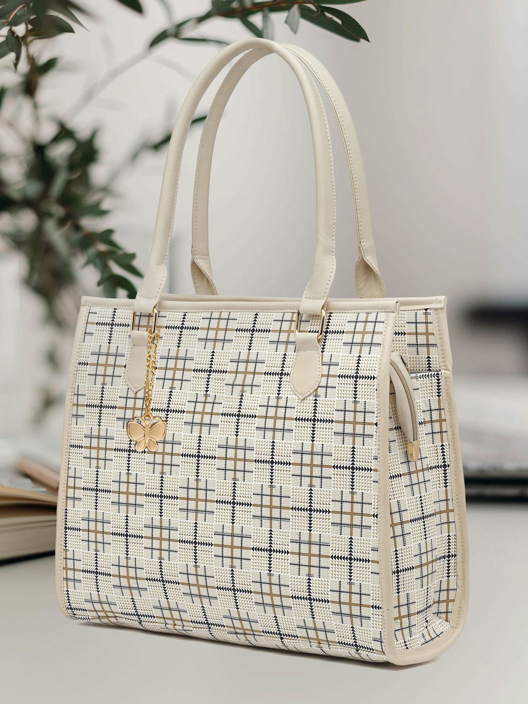 

Butterflies Checked PU Structured Handheld Bag with, Beige