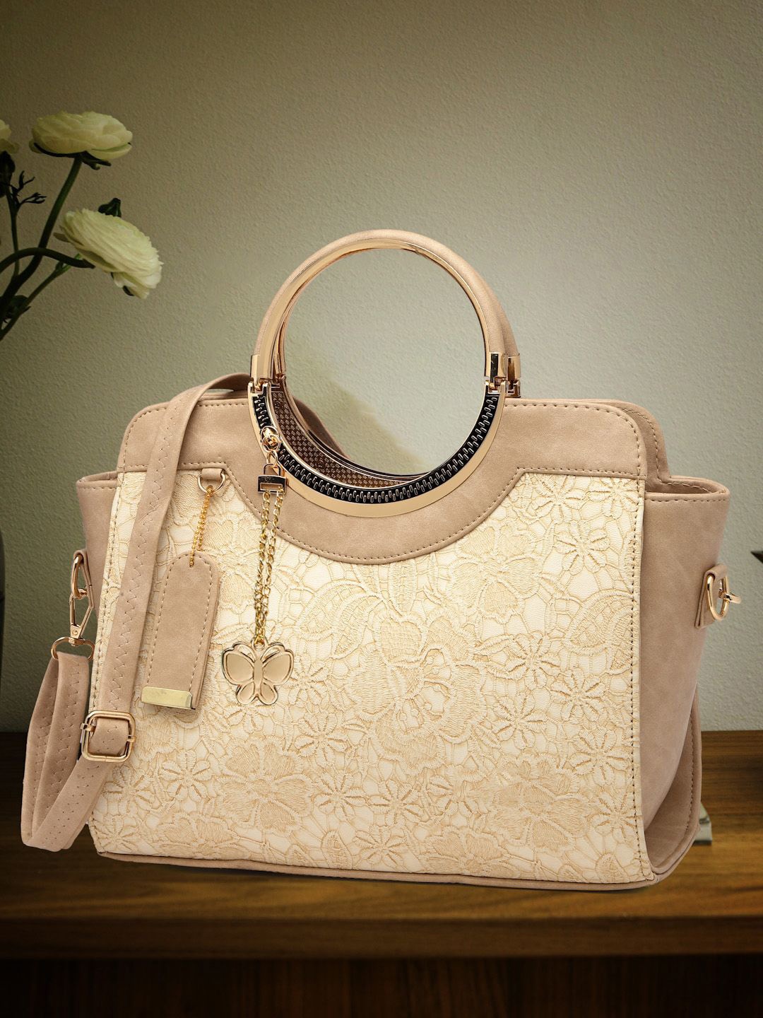 

Butterflies PU Structured Handheld Bag, Cream