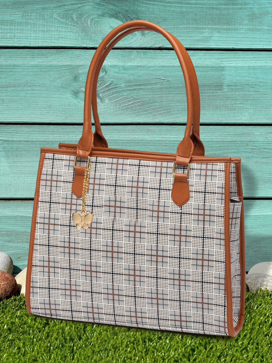 

Butterflies Checked PU Shopper Handheld Bag with Applique, Tan