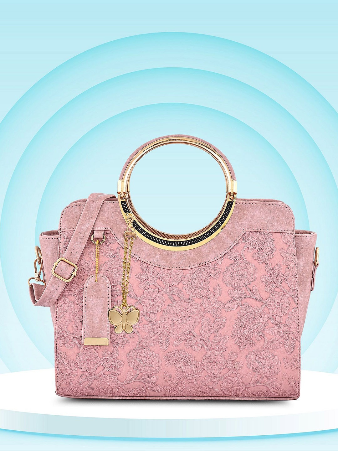 

Butterflies Textured PU Bucket Handheld Bag with Quilted, Pink