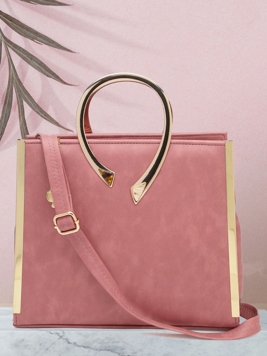 

Butterflies PU Oversized Structured Handheld Bag with Applique, Peach
