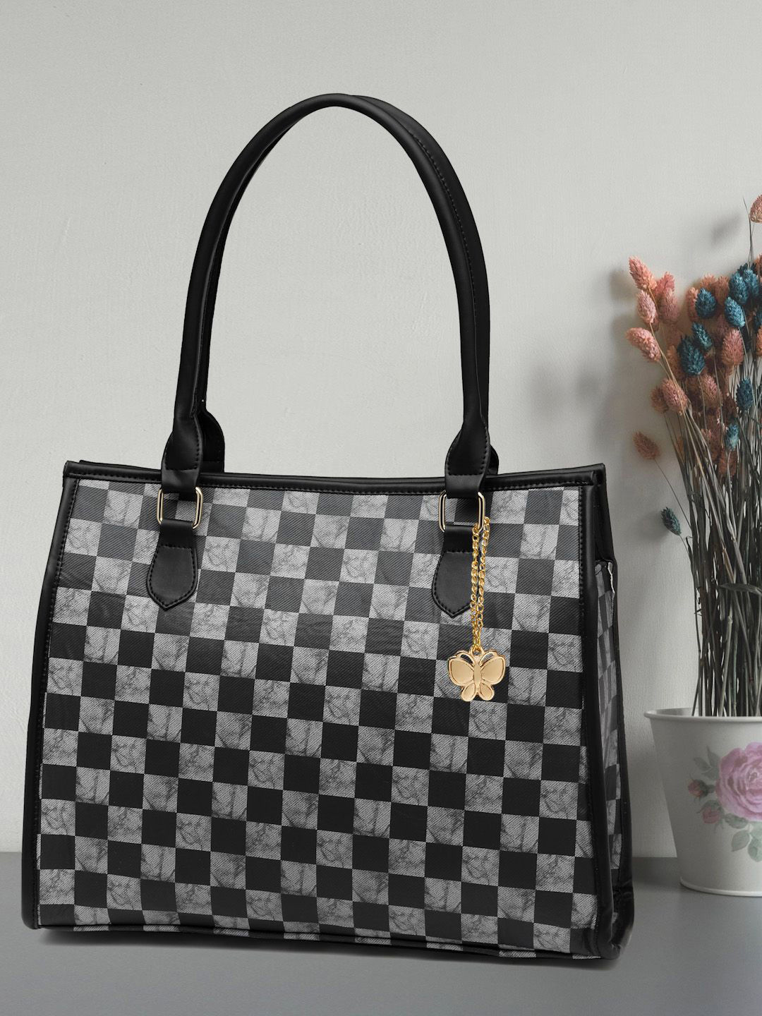 

Butterflies Checked Printed PU Shopper Handheld Bag with Cut Work, Black