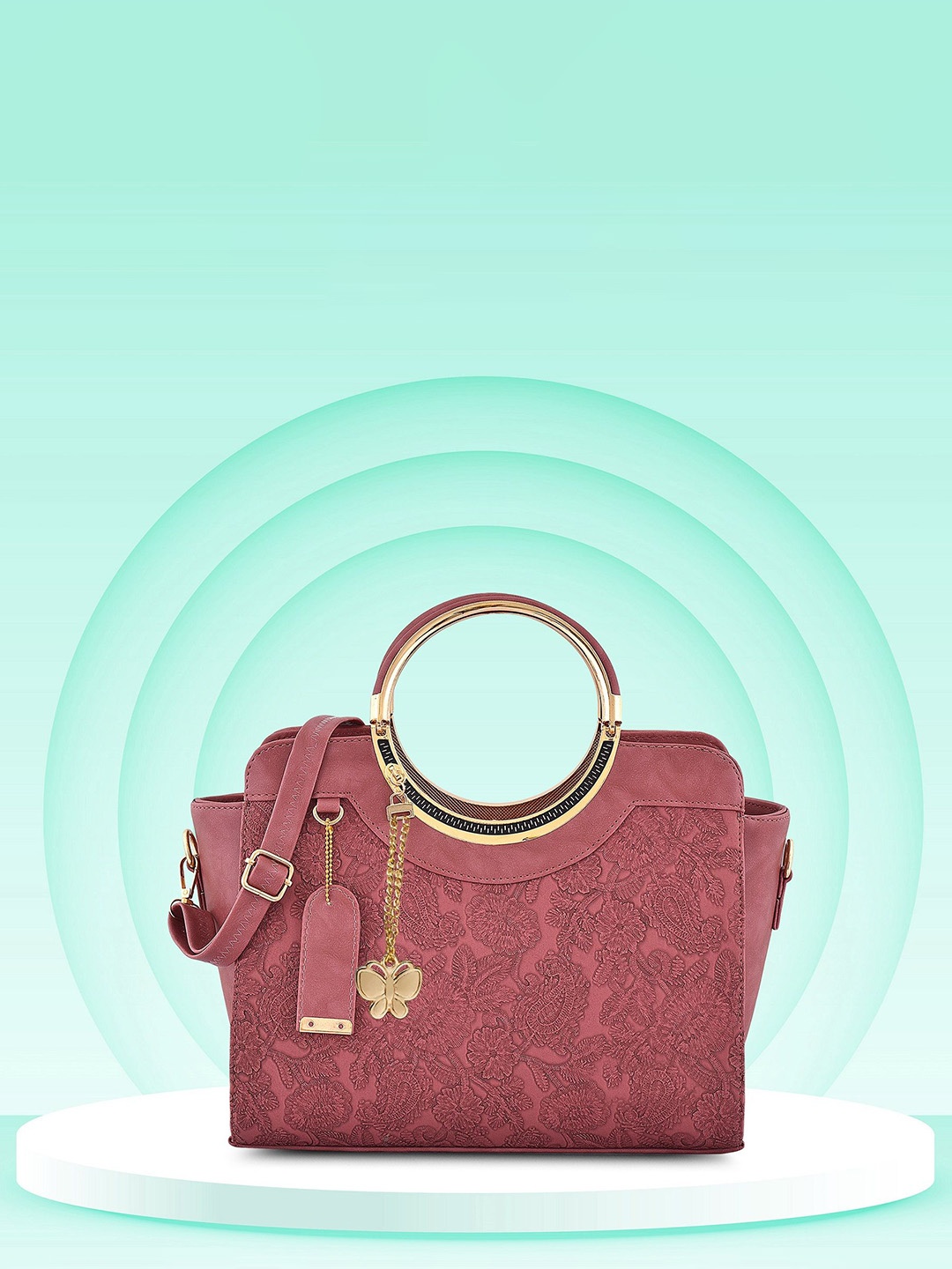 

Butterflies PU Structured Handheld Bag with Applique, Rose