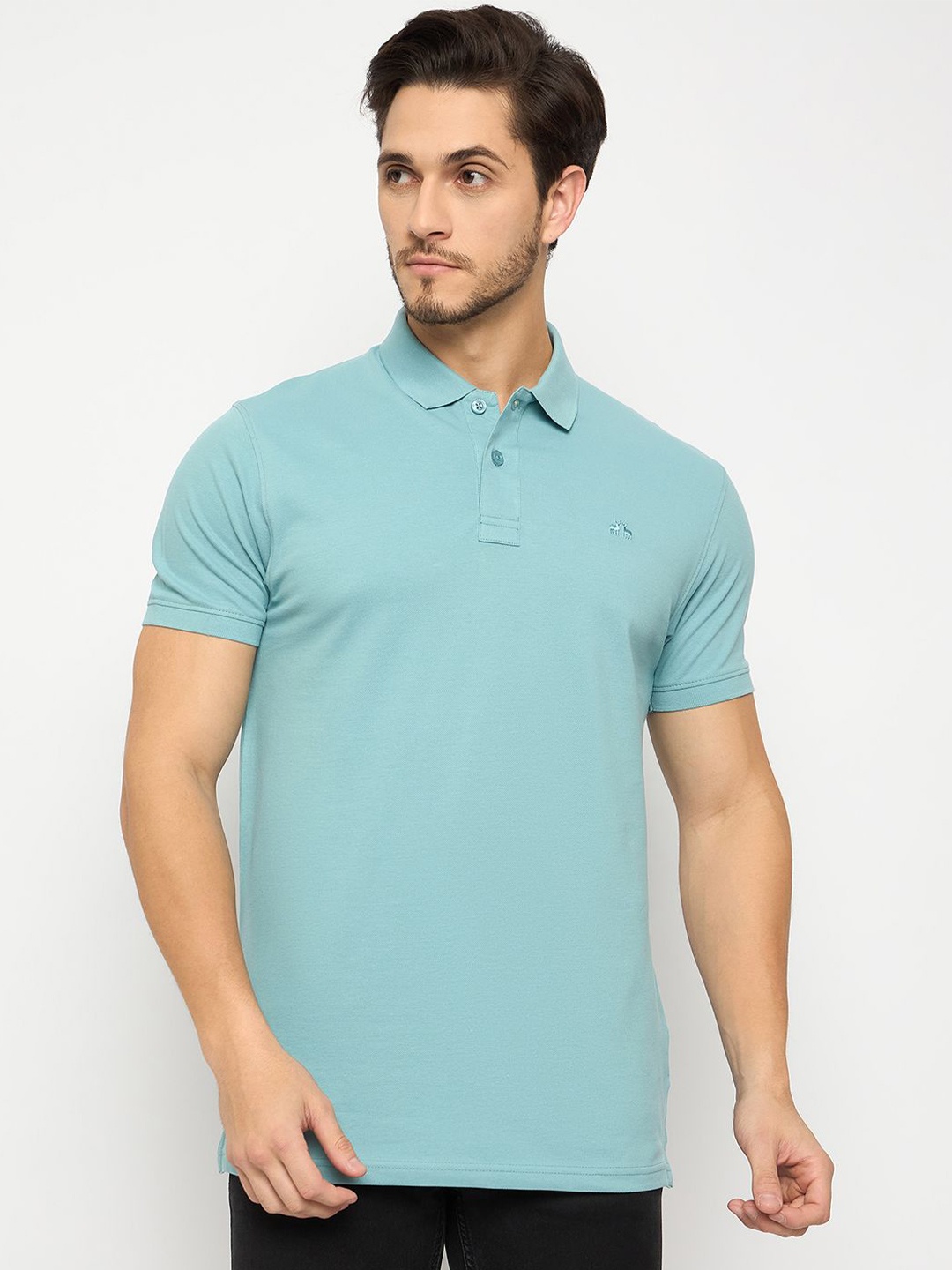 

98 Degree North Men Embroidered Polo Collar Pure Cotton T-shirt, Turquoise blue
