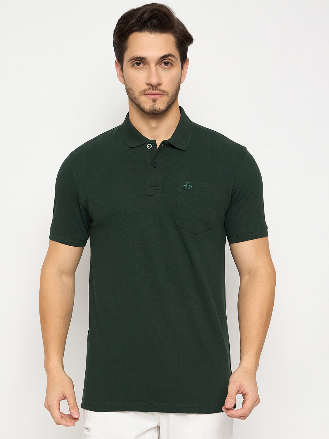 

98 Degree North Men Solid Polo Collar Pocket Cotton T-shirt, Olive