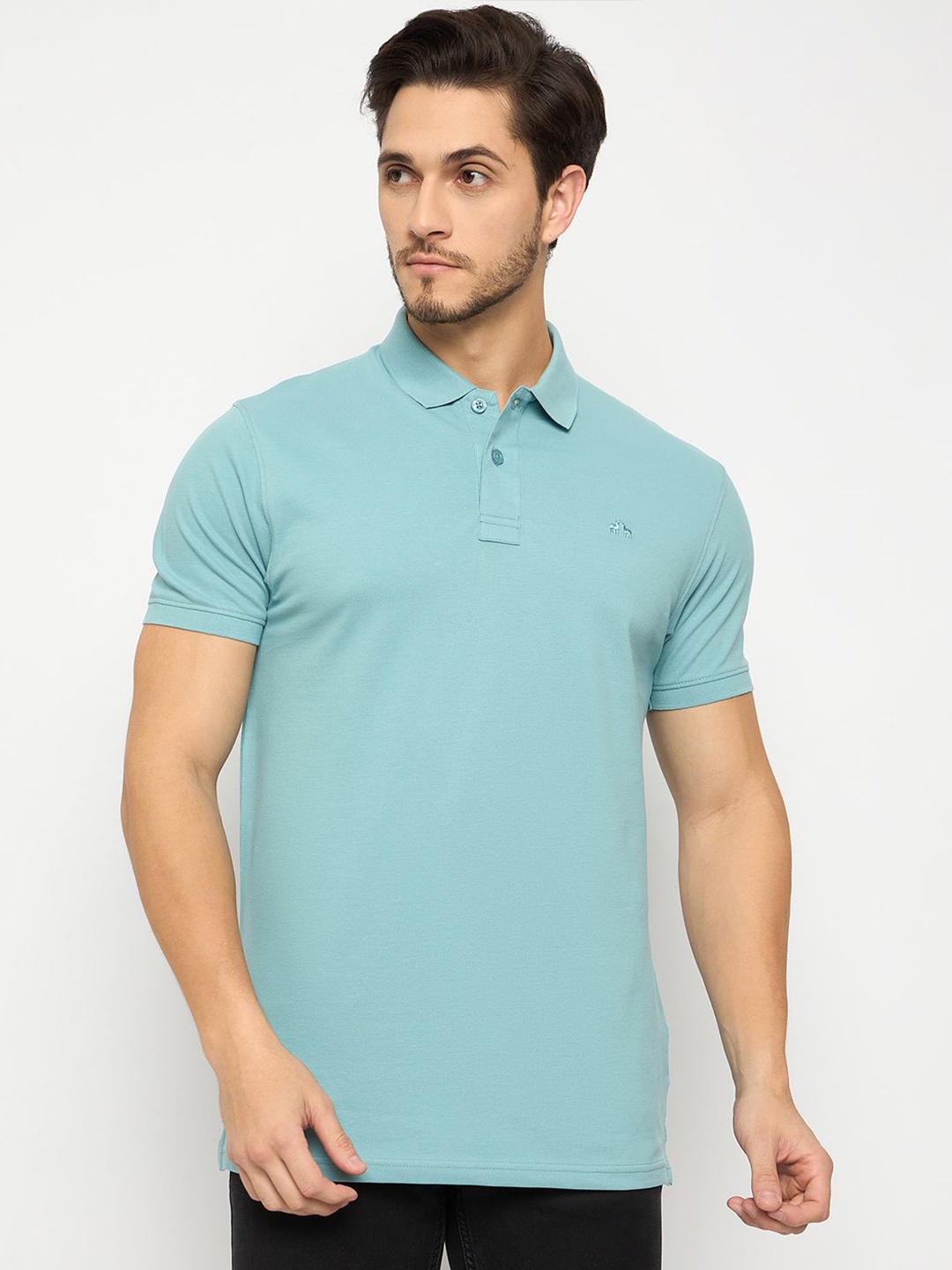 

98 Degree North Men Embroidered Polo Collar Pure Cotton T-shirt, Turquoise blue