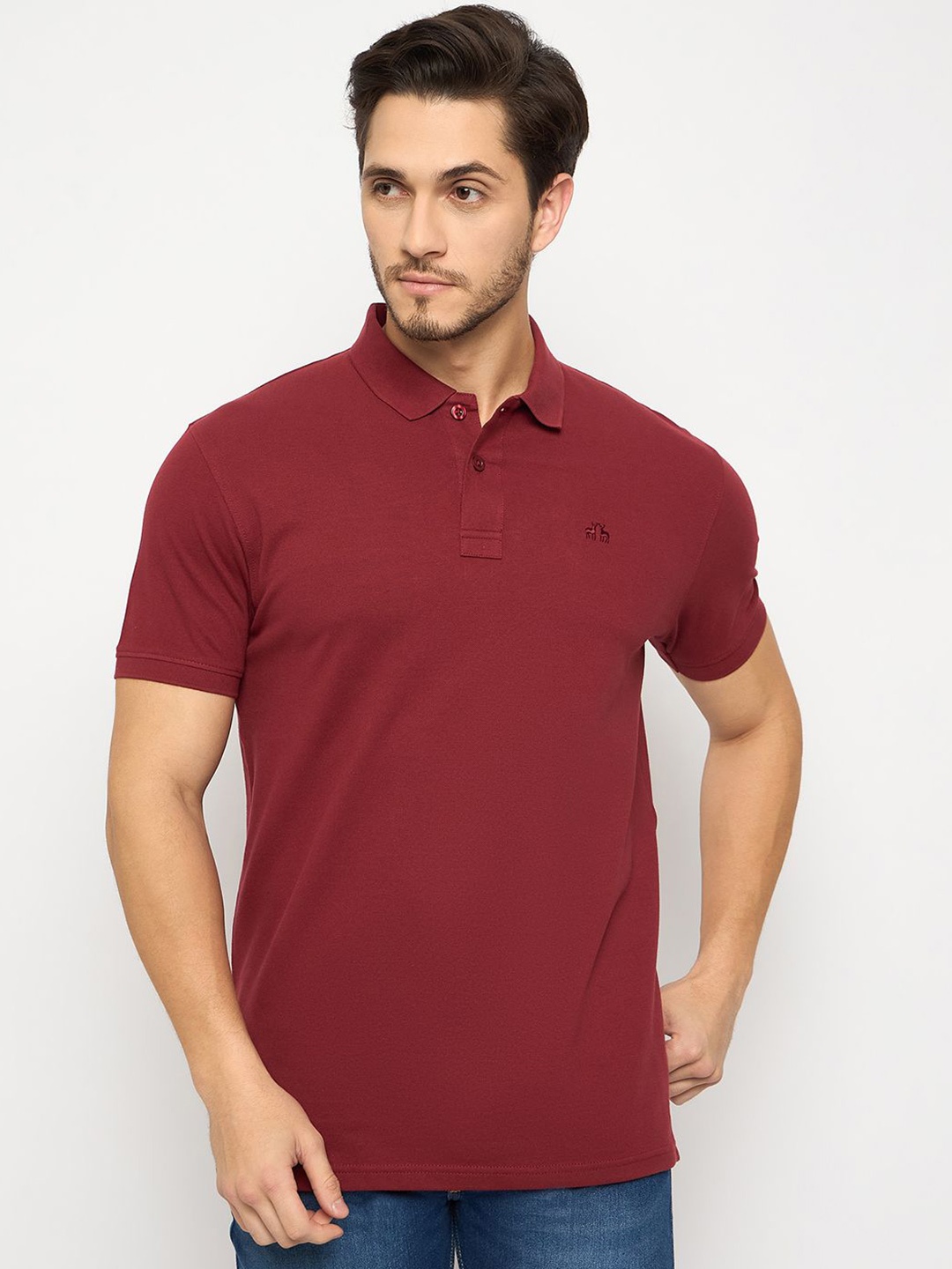 

98 Degree North Men Embroidered Polo Collar Pure Cotton T-shirt, Maroon