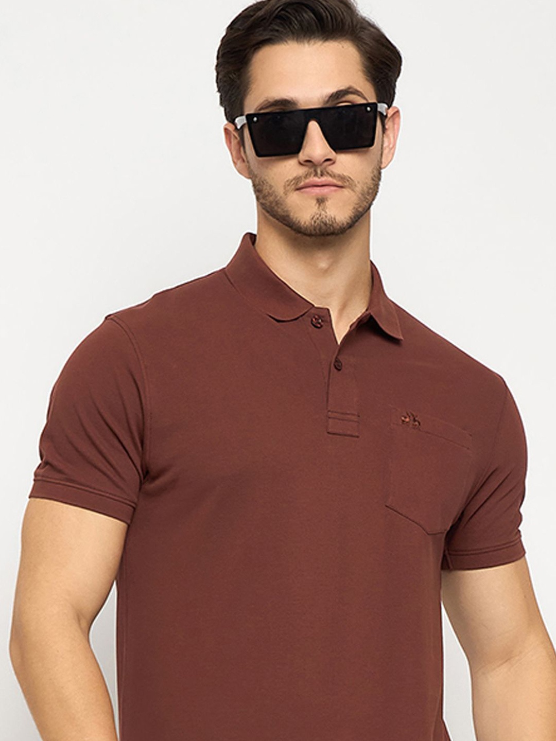 

98 Degree North Men Solid Polo Collar Pocket Cotton T-shirt, Rust