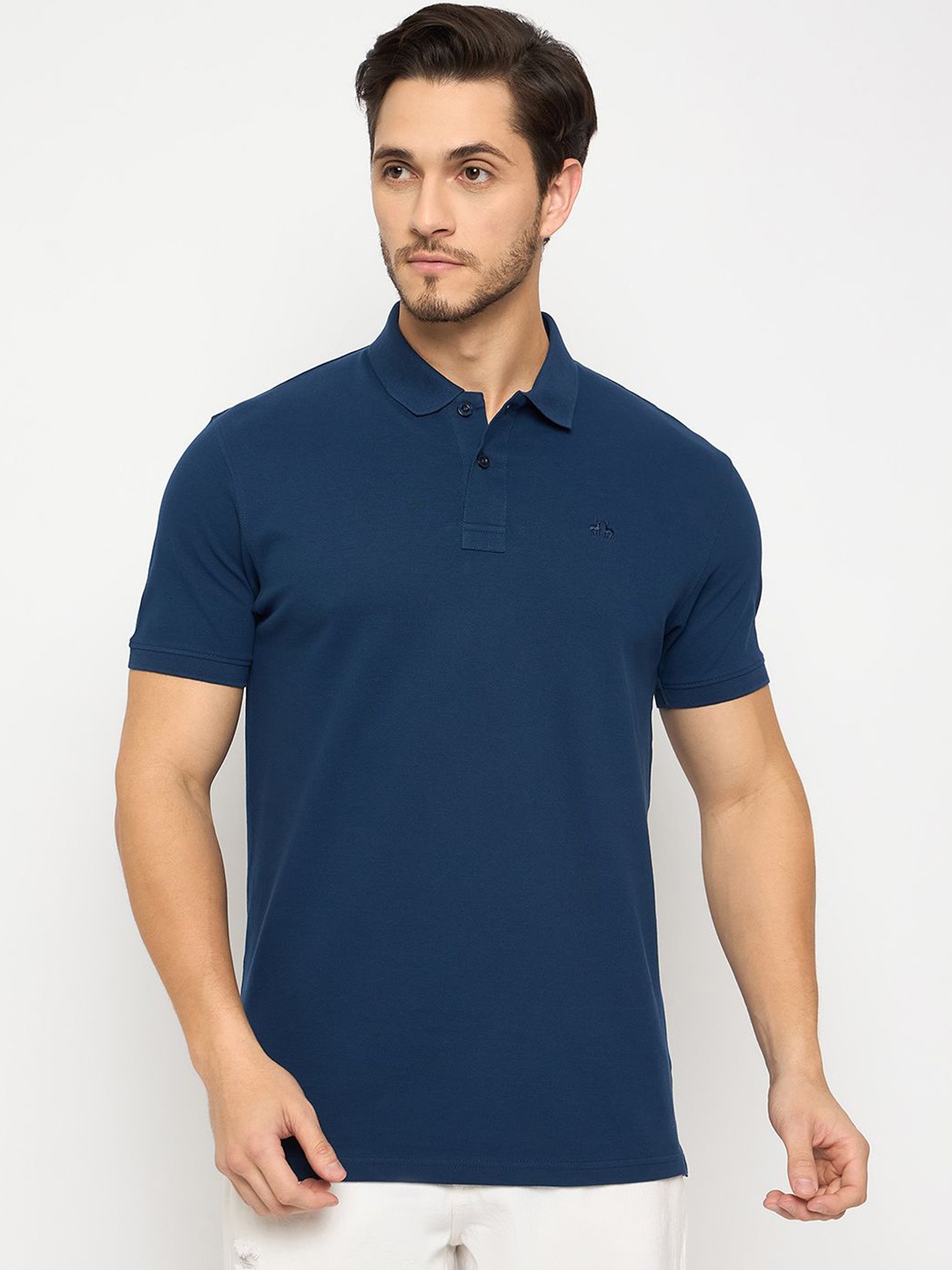 

98 Degree North Men Embroidered Polo Collar Pure Cotton T-shirt, Blue