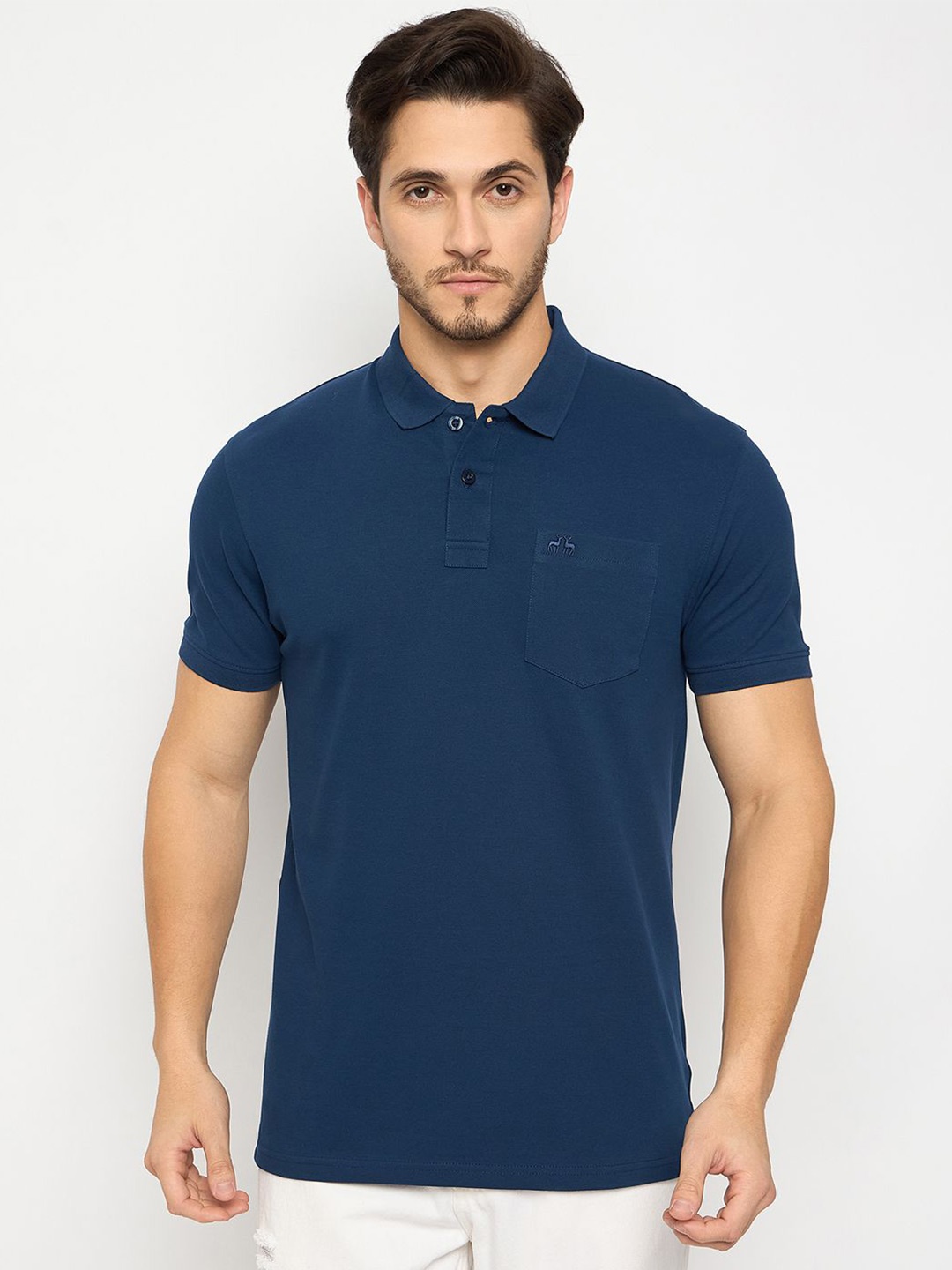 

98 Degree North Men Solid Polo Collar Pocket Pure Cotton T-shirt, Blue