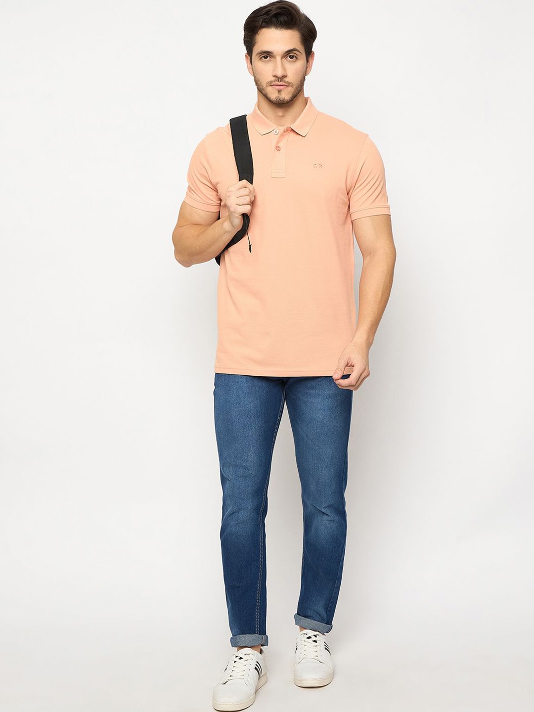 

98 Degree North Men Embroidered Polo Collar Pure Cotton T-shirt, Peach