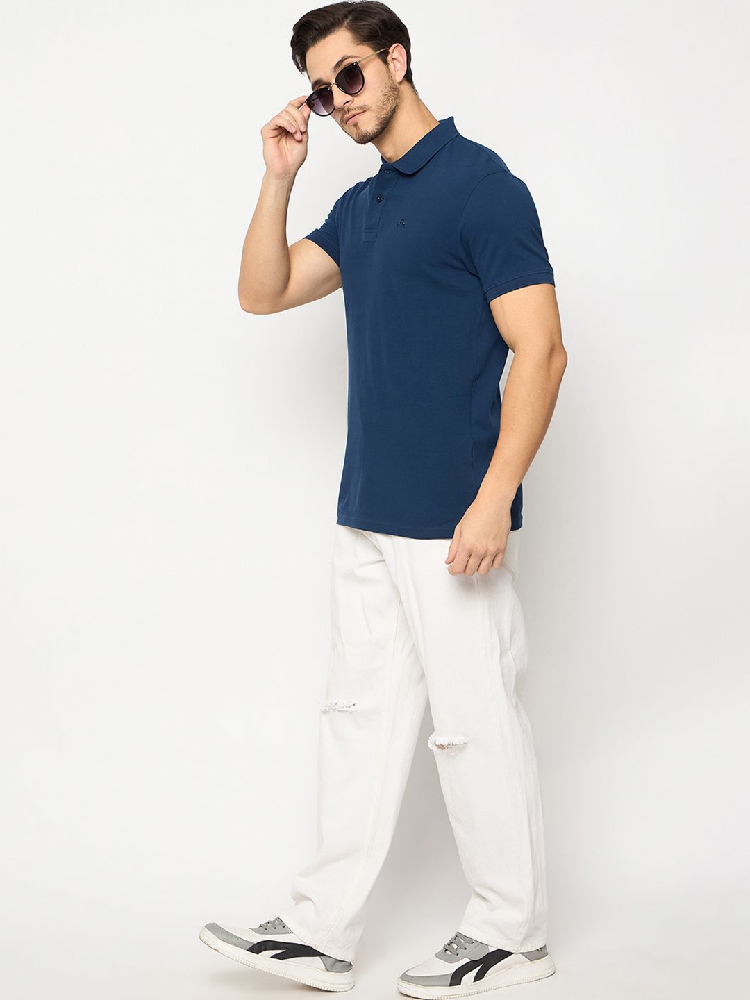 

98 Degree North Men Pure Cotton Polo Collar T-shirt, Navy blue