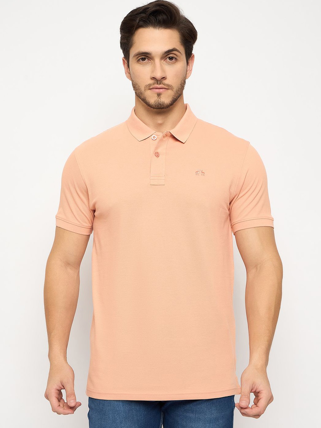 98 Degree North Men Solid Polo Collar Pure Cotton Pocket T-shirt, Peach