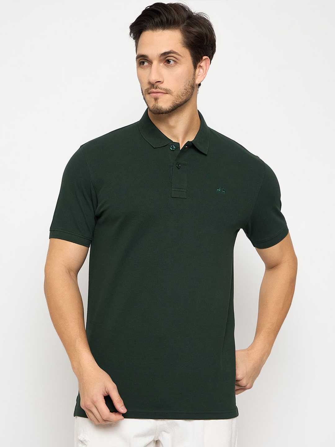 

98 Degree North Men Embroidered Polo Collar Pure Cotton T-shirt, Olive