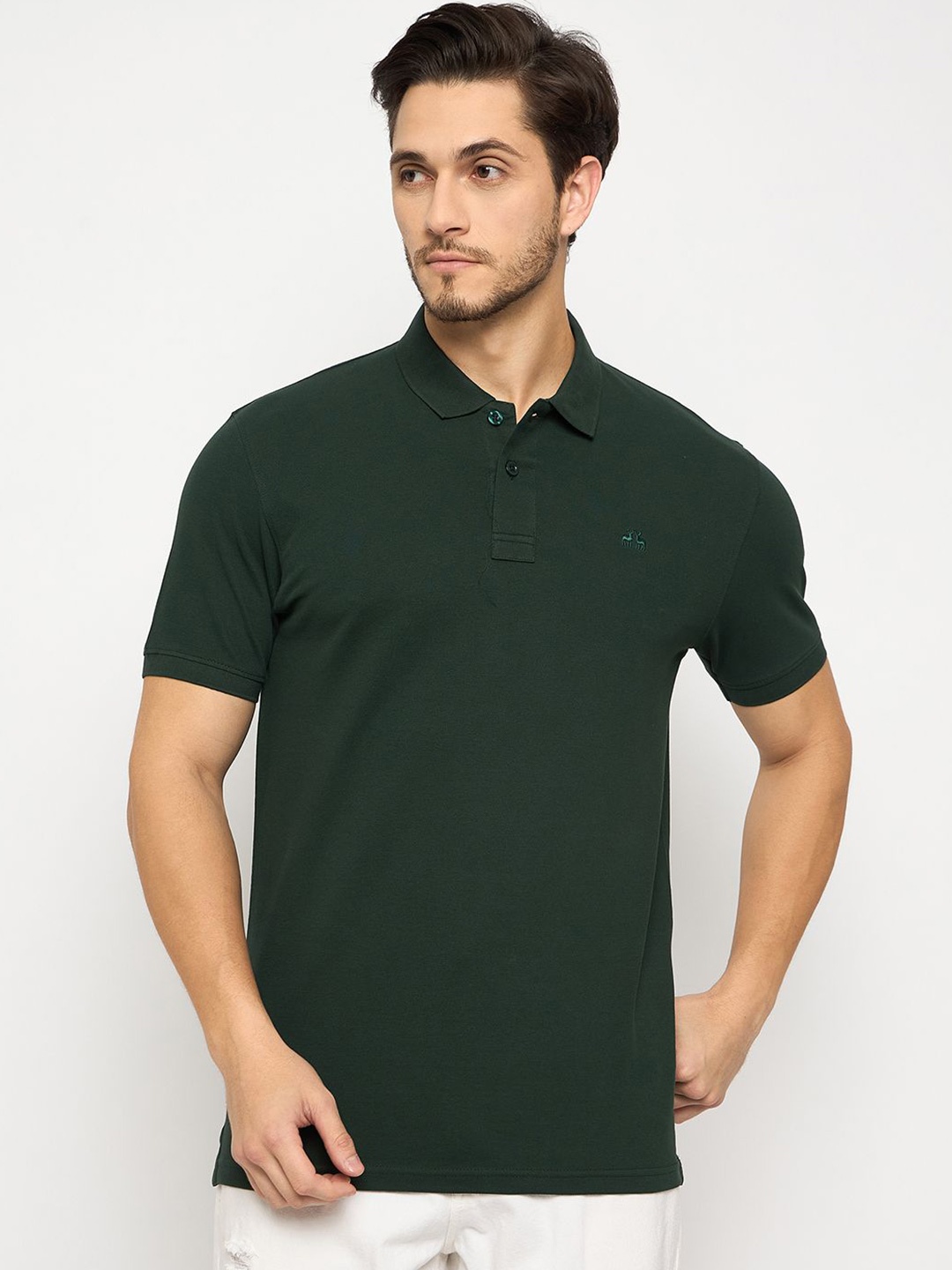 

98 Degree North Men Solid Polo Collar Pure Cotton T-shirt, Olive